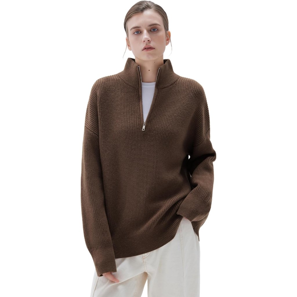 Women Cashmere Oversized Quarter Zip Pullover Sweater Long Sleeve Collared Ribbe